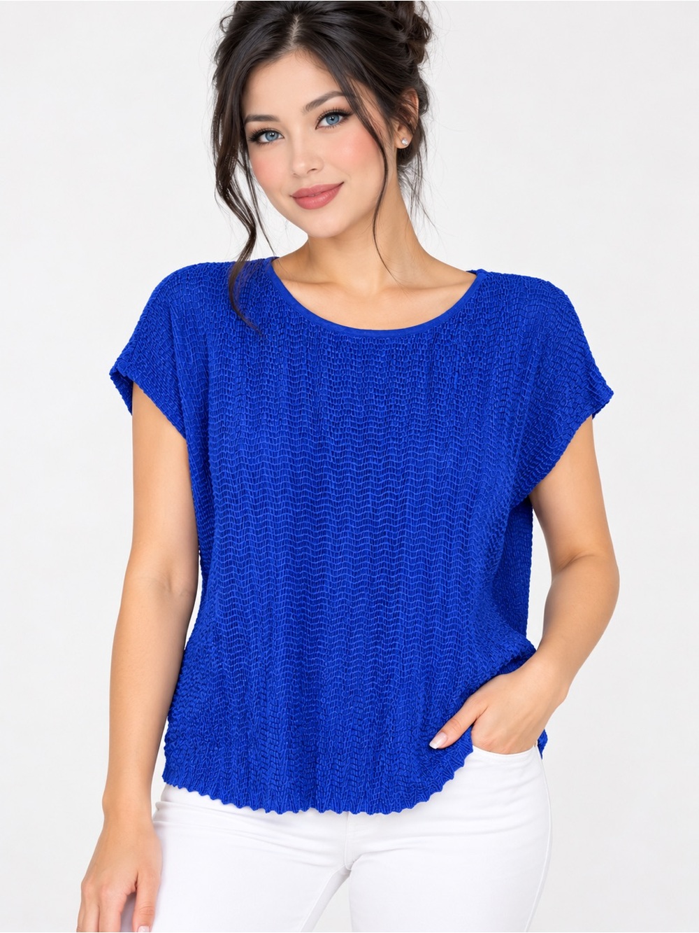 TanJay Cobalt Blue Short Sleeve Textured Knit Top Size L